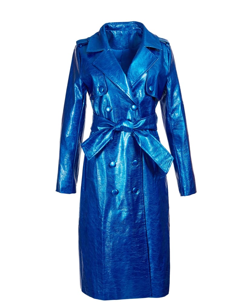 Front of a size XL Metallic Blue Trench Coat in Blue by Hilary MacMillan. | dia_product_style_image_id:250704